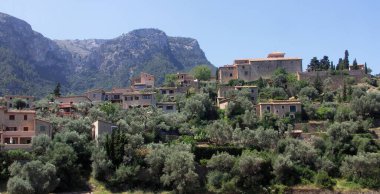 Mallorca İspanya 'da ağaçlar ve dağlarla Deia köyü manzarası
