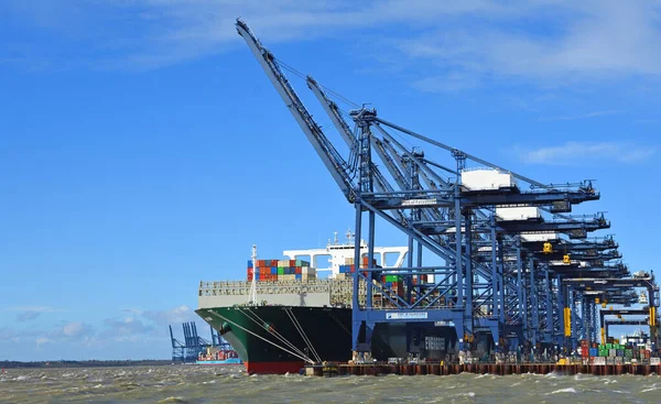 FELIXSTOWE, SUFFOLK, İngiltere - 29 Şubat 2020: Felixstowe Limanı 'nda yüklenen Büyük Konteyner Gemisi 