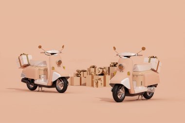 Pastel şeftali tüyü arka planda iyi tatiller için hediye paketi olan klasik scooter. 3d hazırlayıcı
