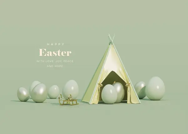 Easter Egg Camp Pastel Green Background Happy Easter Sale Banners — Stock Photo, Image