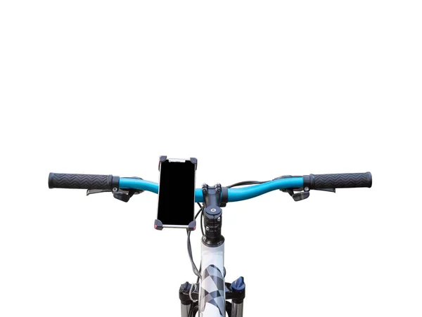 Support smartphone sur guidon de VTT isolé sur fond blanc . — Photo