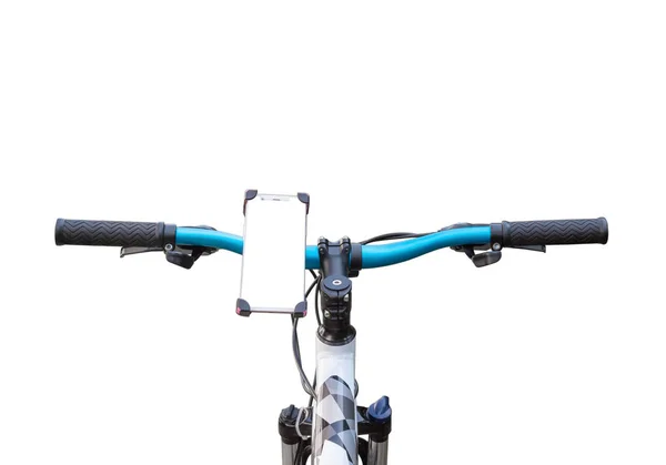 Smartphone mount on handlebar of mountain bike isolated on white background. — Stock Photo, Image