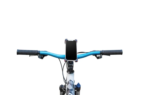 माउंटेन बाइक के हैंडलबार पर स्मार्टफ़ोन माउंट सफेद पृष्ठभूमि पर अलग . — स्टॉक फ़ोटो, इमेज