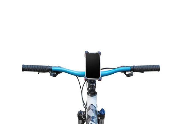 Support smartphone sur guidon de VTT isolé sur fond blanc . — Photo