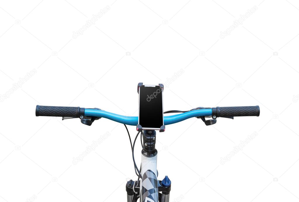Smartphone mount on handlebar of mountain bike isolated on white background.