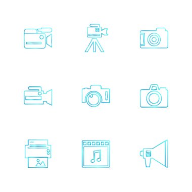 Beyaz arka plan ile rasgele düz app simgeleri, multimedya, fotoğraf makinesi ve sanat nesneleri vektör çizim 