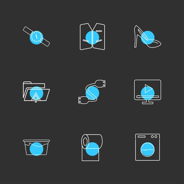 不同的简约平面矢量应用程序图标与五颜六色的圆圈在黑色背景 — 图库矢量图片