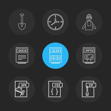 siyah arka plan üzerine minimalist düz vektör app simge kümesi