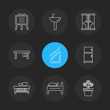 siyah arka plan üzerine minimalist düz vektör app simge kümesi