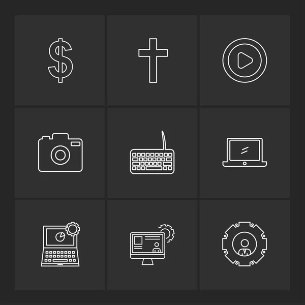 Different Minimalistic Flat Vector App Icons Black Background — Stock Vector