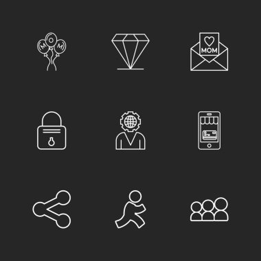 siyah arka plan, düz vektör çizim rastgele basit simgeler