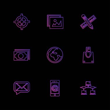 siyah arka plan üzerinde renkli minimalist düz vektör app simgeleri