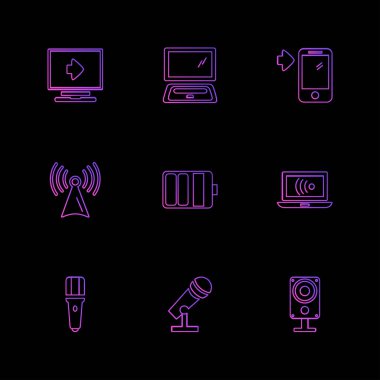 bilgisayar becerikli, siyah arka plan, düz vektör çizim üzerinde farklı basit simgeler