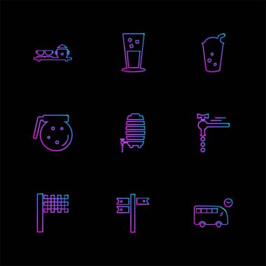 Yiyecek ve içecek, siyah arka plan, düz vektör çizim üzerinde farklı basit simgeler