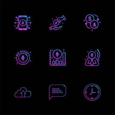 birçok farklı basit simgeler siyah arka plan, düz vektör çizim