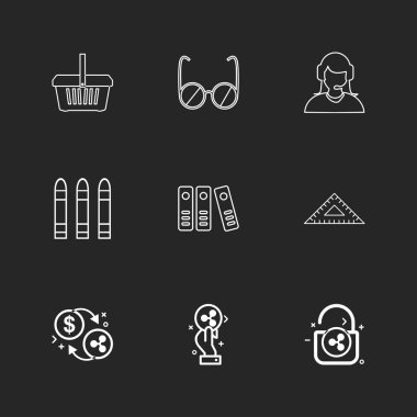 siyah arka plan üzerine minimalist düz vektör app simge kümesi