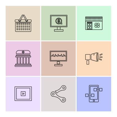 Renkli arka plan üzerinde farklı minimalist düz vektör app simgeleri