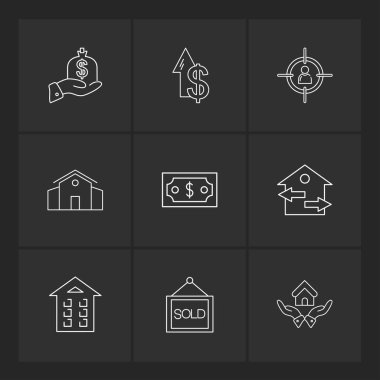 siyah arka plan üzerine minimalist düz vektör app simge kümesi