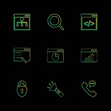 siyah arka plan ve basit düz simgeler, vektör çizim set