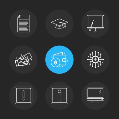 siyah arka plan üzerine minimalist düz vektör app simge kümesi