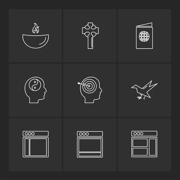 Diverse Icone Minimaliste App Vettoriali Piatte Sfondo Nero — Vettoriale Stock