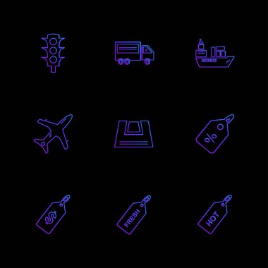 siyah arka plan, düz vektör çizim basit seyahat app simgeleri