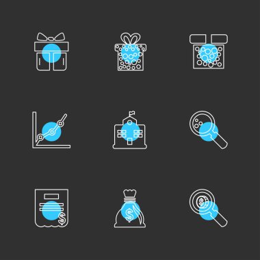 hediyeler ve hediyeler, siyah arka plan üzerine Internet düz vektör app simgelerin ayarlamak