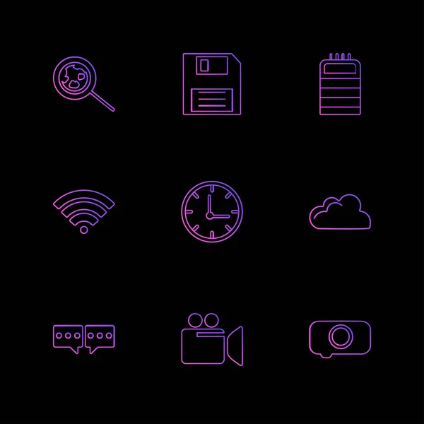 stock vector minimalistic vector app icons on black background, flat style