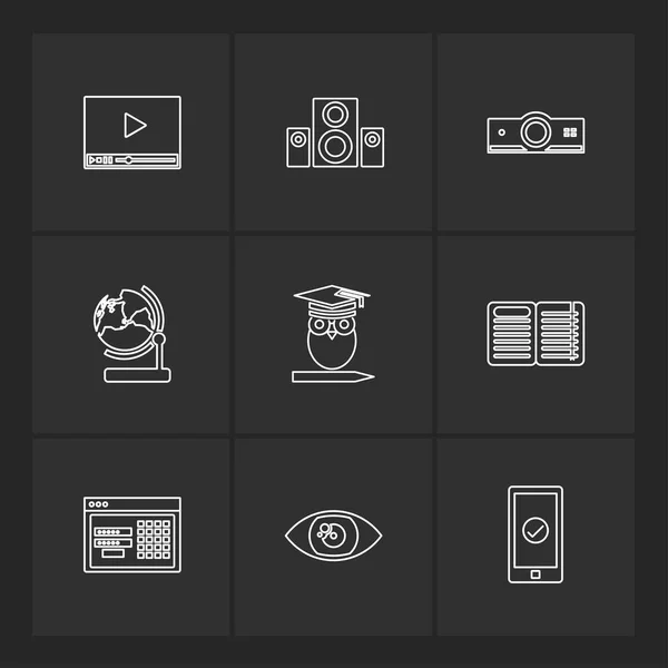 Different Minimalistic Flat Vector App Icons Black Background — Stock Vector