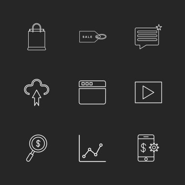 düz vektör illüstrasyon ikonlar, simgeler siyah arka plan üzerine ayarla