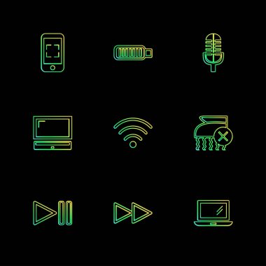 Siyah arka plan, vektör çizim üzerinde düz app simgelerin farklı koleksiyon