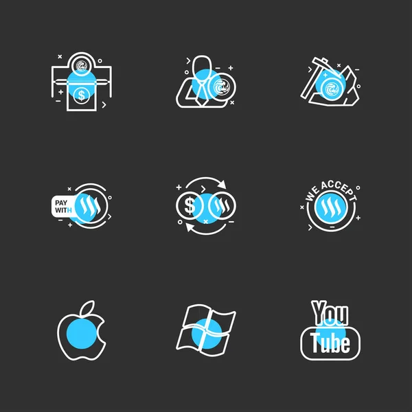 Different Minimalistic Flat Vector App Icons Black Background — Stock Vector