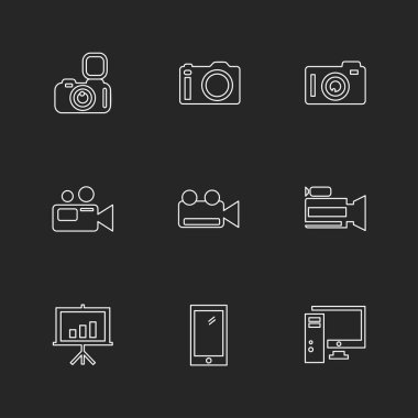 siyah arka plan, düz stil minimalist vektör app simgeleri