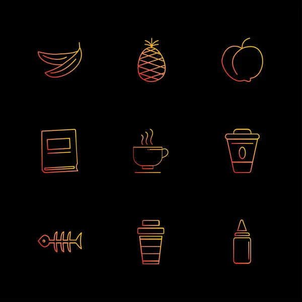 simple food and drinks app icons on black background, flat vector illustration