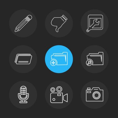 Siyah arka plan üzerine düz app simge kümesi