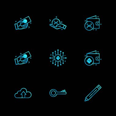 siyah arka plan üzerine farklı minimalist düz vektör app simge kümesi