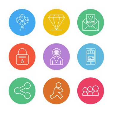 Beyaz arka plan üzerinde izole renk çevrelerde farklı minimalist düz vektör app simgeleri