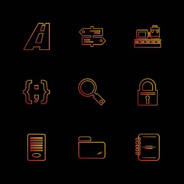 siyah arka plan ve çeşitli web sitesi düz vektör app simgeleri 