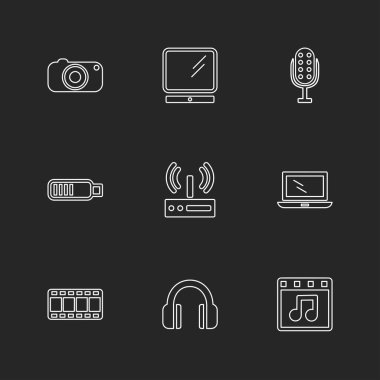 siyah arka plan üzerine farklı minimalist düz vektör app simge kümesi