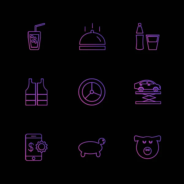 Different Minimalistic Flat Vector App Icons Black Background — Stock Vector