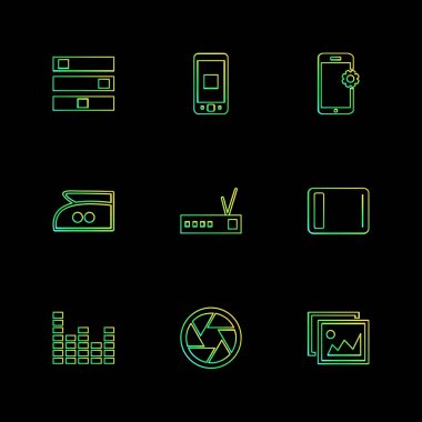 Siyah arka plan üzerine düz app simge kümesi