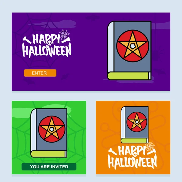 Glad Halloween Inbjudan Design Med Djävul Bok Vektor — Stock vektor