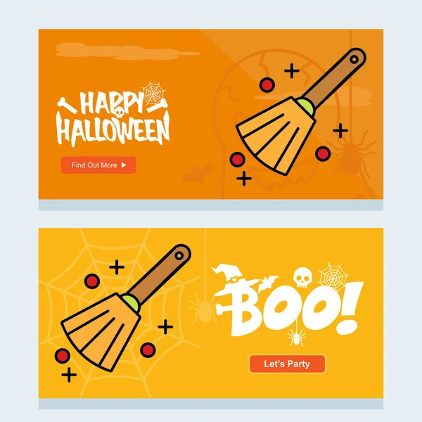 Fröhliche Halloween Party Einladungsdesign Mit Besen Bunte Vektorillustration — Stockvektor