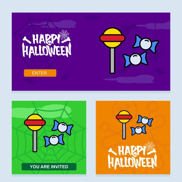 Feliz Halloween Fiesta Invitación Diseño Con Dulces Ilustración Vectores Colores — Vector de stock