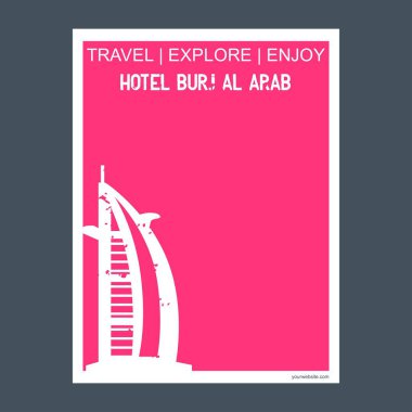 Hotel Burj Al Arab Dubai, Birleşik Arap Emirlikleri anıt Simgesel Yapı broşür düz stil ve Tipografi vektör