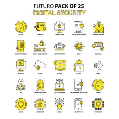 Dijital güvenlik Icon Set. Sarı Futuro son tasarım simge paketi