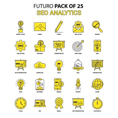 SEO Analytics Icon Set. Sarı Futuro son tasarım simge paketi