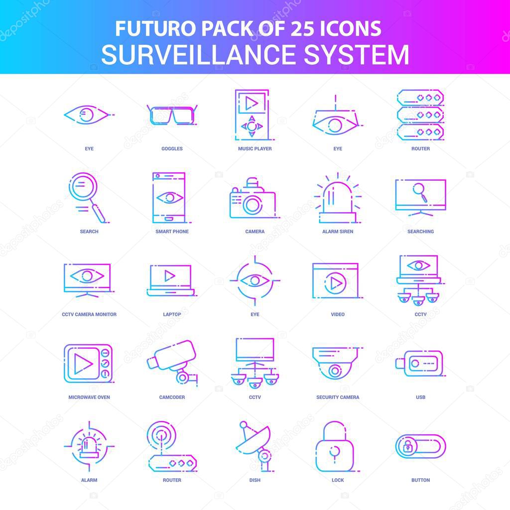 25 Blue and Pink Futuro Surveillance Icon Pack