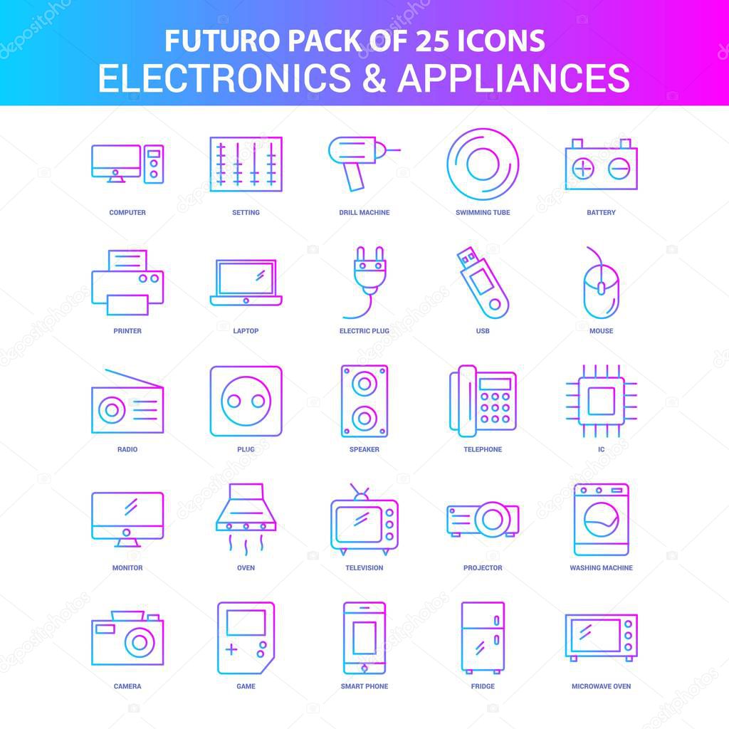 25 Blue and Pink Futuro Electronics and Appliances Icon Pack