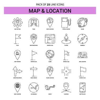 Harita ve konum satır Icon Set - 25 kesikli anahat stili